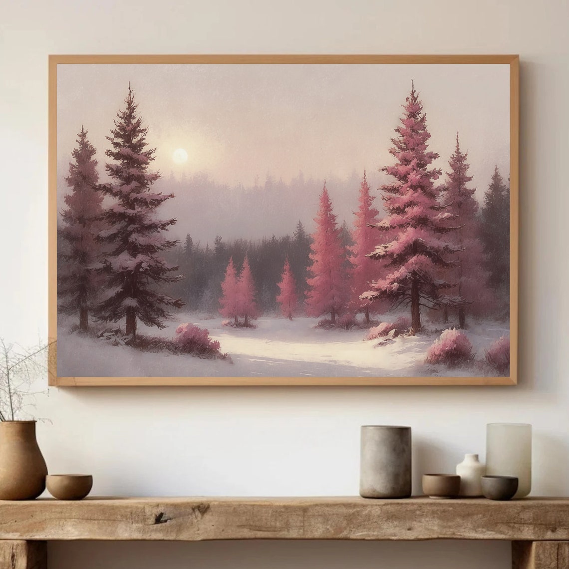 Snowy Pine Forest Winter Landscape Pink Sunset Evening Wall Art - Image 3