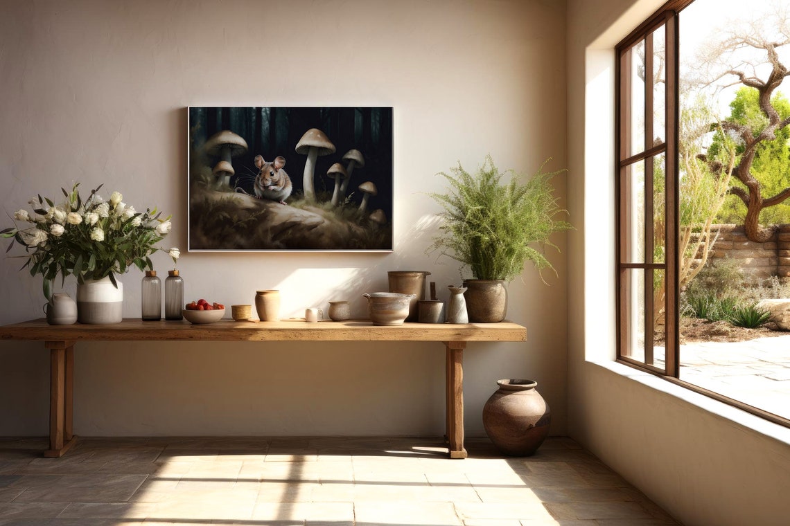 Tiny Mouse Among Giant Mushrooms in a Dark Forest Night Poster - Image 2