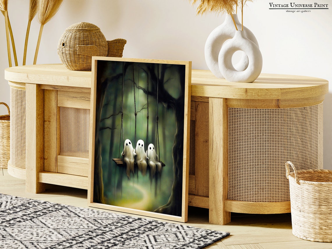 Ghost On The Swing Poster Ghost In The Forest Cute Little Ghost Face Spooky Gothic Abandoned Art Dark Academia Room Decor - Image 3