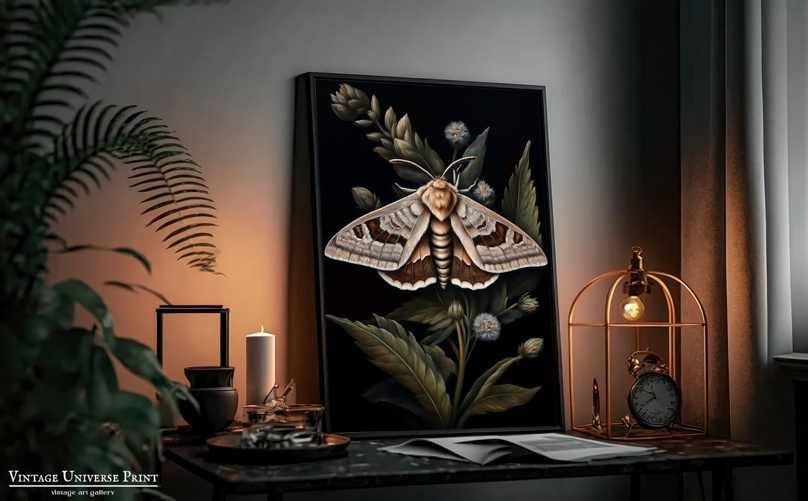 Vintage Moth Illustration with Botanical Leaves Dark Art Poster - Image 2