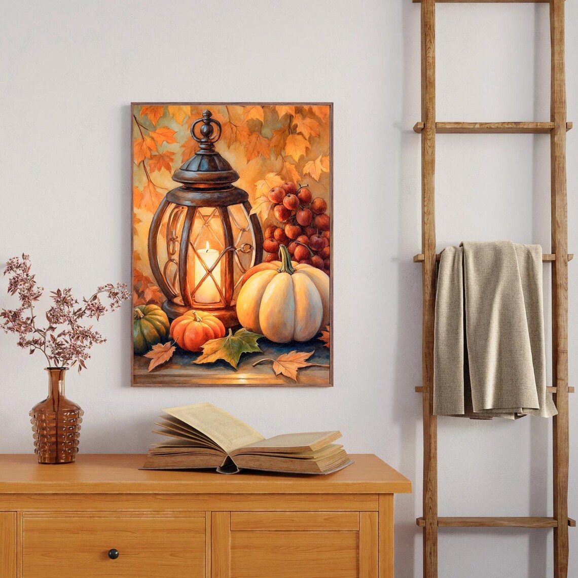 Glowing Lantern With Pumpkins And Red Berries In Autumn Still Life Print - Image 2