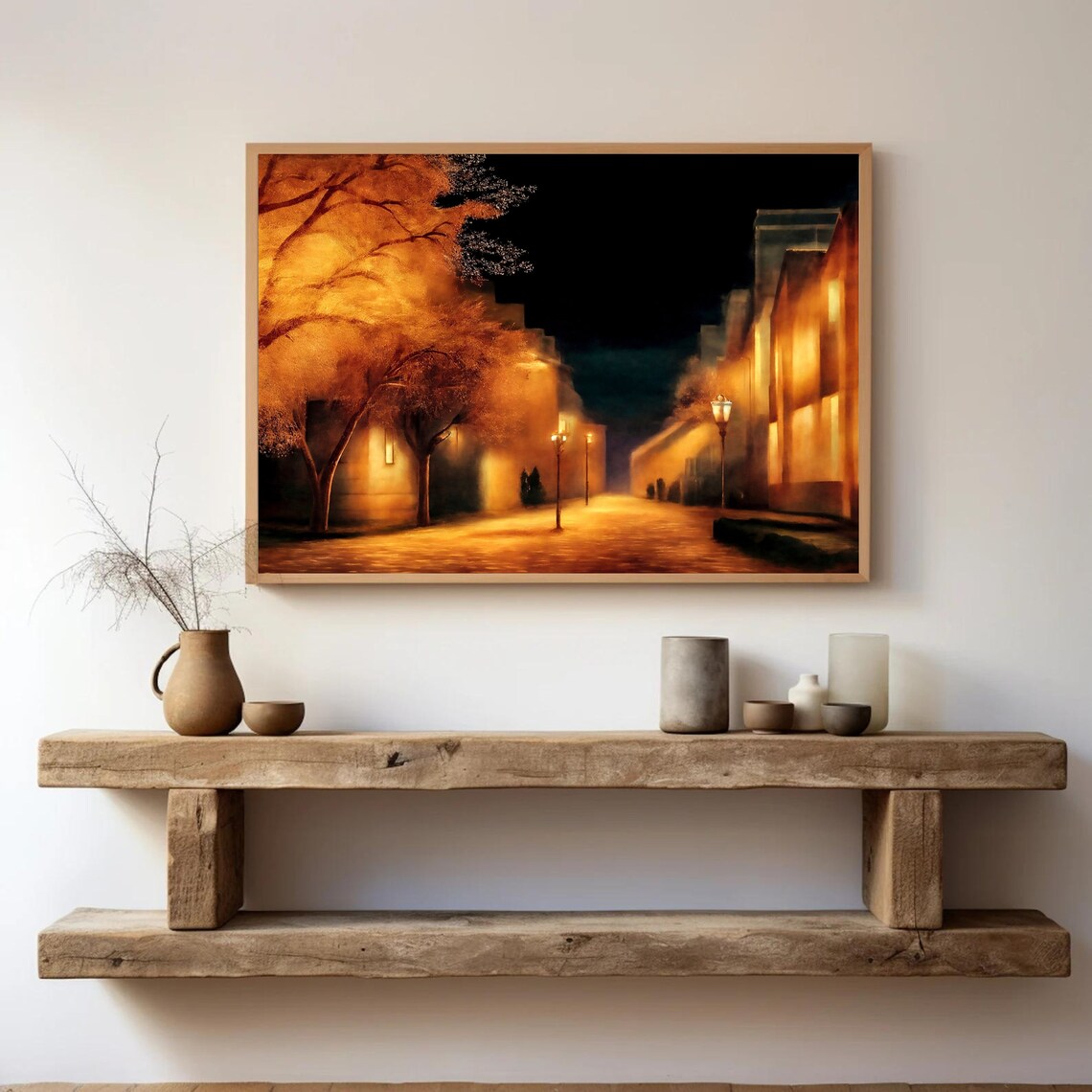 Golden Autumn Street Lamps Glowing on a Misty Night City Poster - Image 3