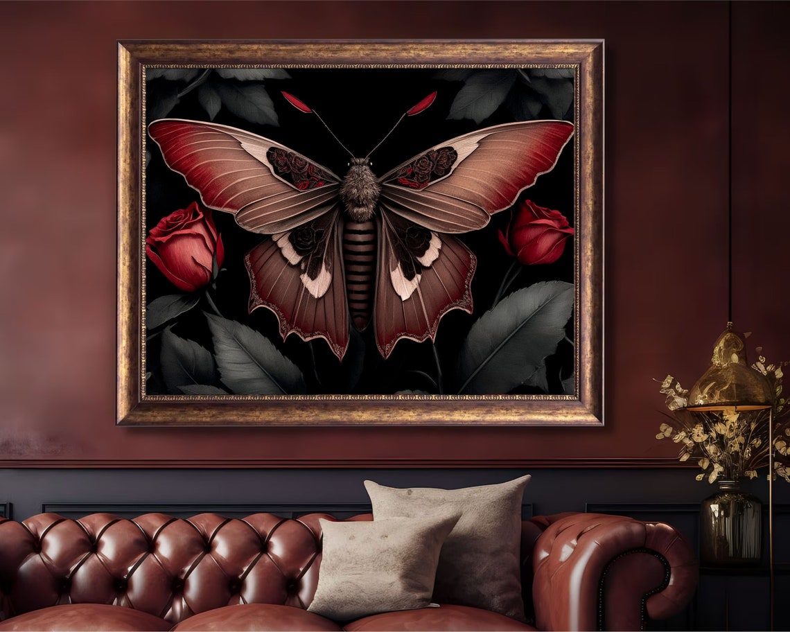 Dark Gothic Moth with Red Roses Moody Dark Insect Art Poster - Image 3
