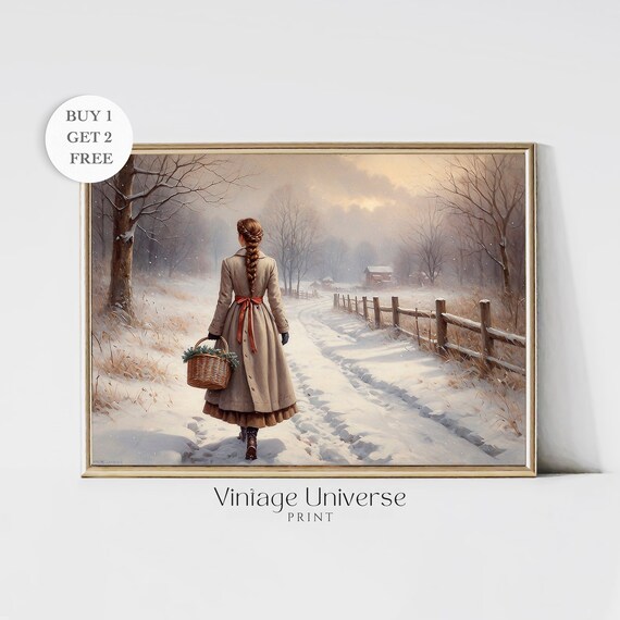 Woman With Basket Walking Snowy Winter Path Vintage Oil Painting Poster