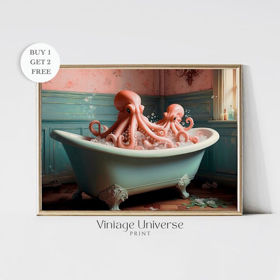 Octopus In Bathtub Print Octopus Wall Art Bathroom Wall Art Print Octopus Poster Bathroom Decor Bath Art Print Instant
