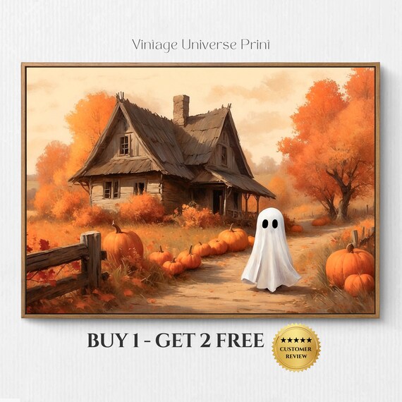 Little Sheet Ghost Beside Pumpkins At A Rustic Autumn Cabin Vintage Halloween Poster
