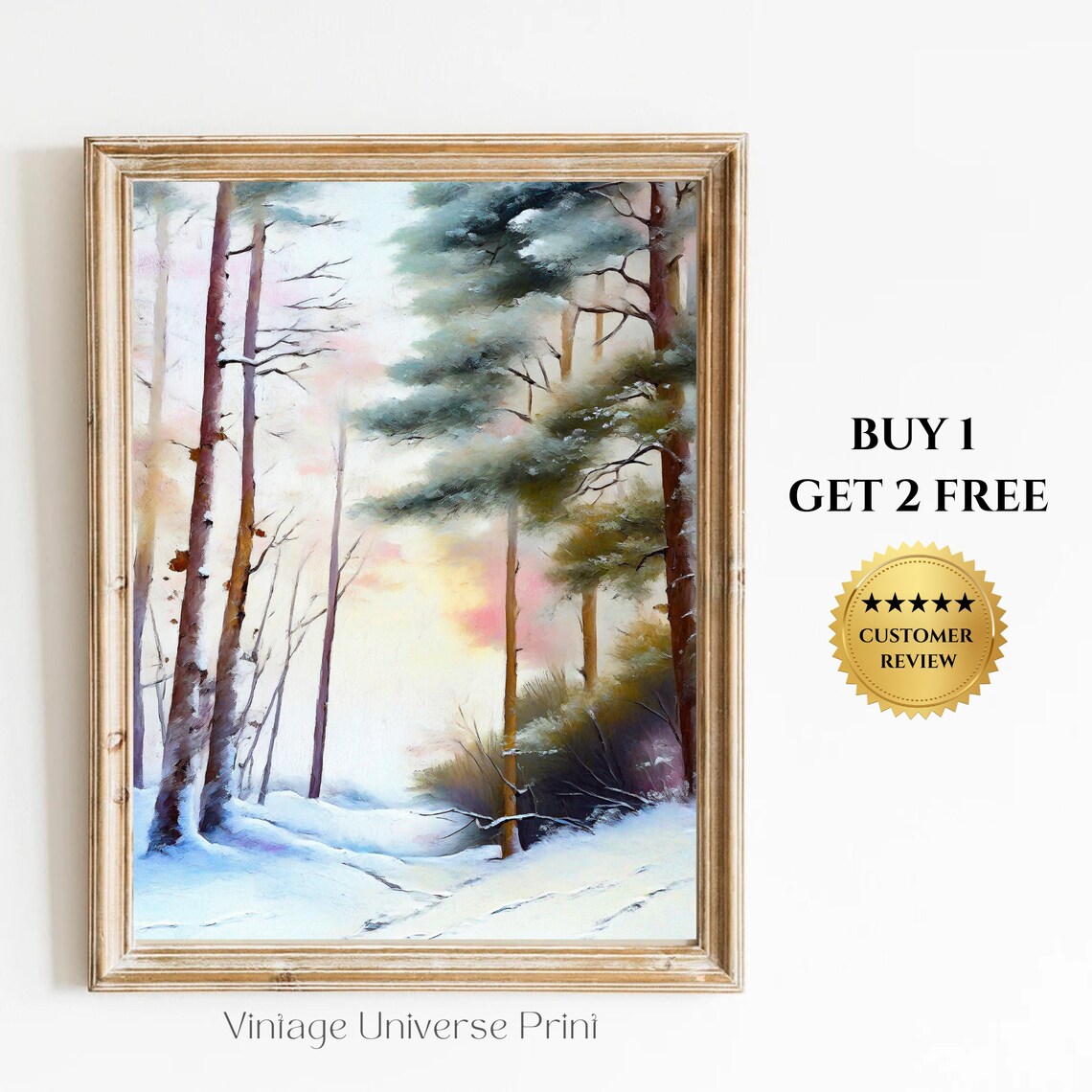 Snowy Pine Forest Winter Landscape Vintage Oil Painting Poster