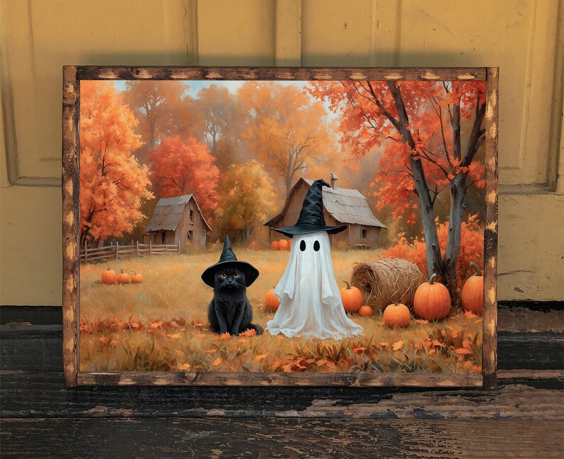 Ghost And Black Cat In Witch Hats At Autumn Pumpkin Farm Halloween Painting Poster - Image 3