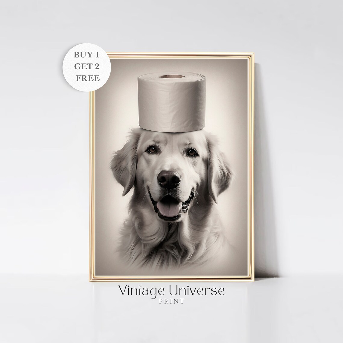 Golden Retriever With Toilet Paper Roll On Head Funny Bathroom Poster
