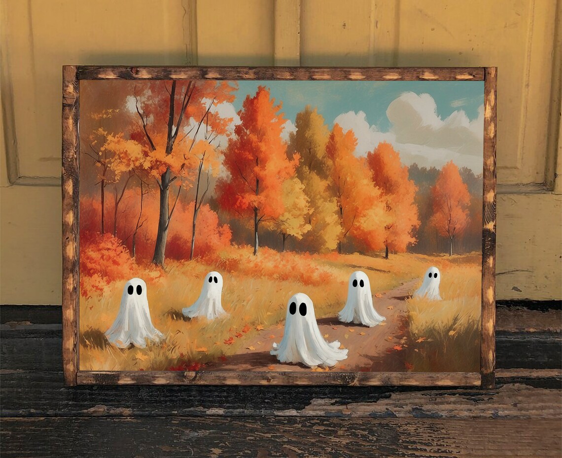 Five Cute Ghosts Wandering A Golden Autumn Forest Path Vintage Halloween Poster - Image 3