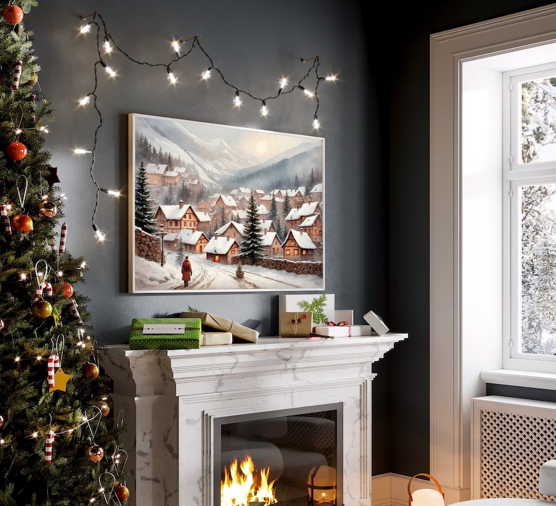 Christmas Town Print Snowy Winter Wall Art Christmas Tree Village Print Holiday Painting Seasonal Home Decor Christmas Art - Image 4