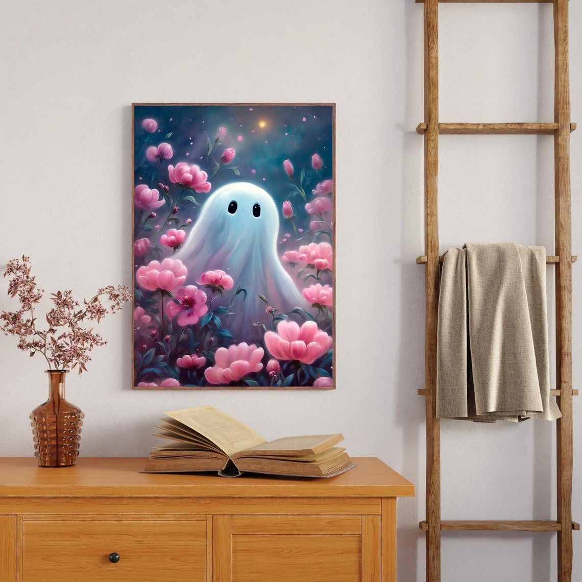 Cute Ghost Among Pink Flowers Under A Moonlit Night Sky Poster - Image 3