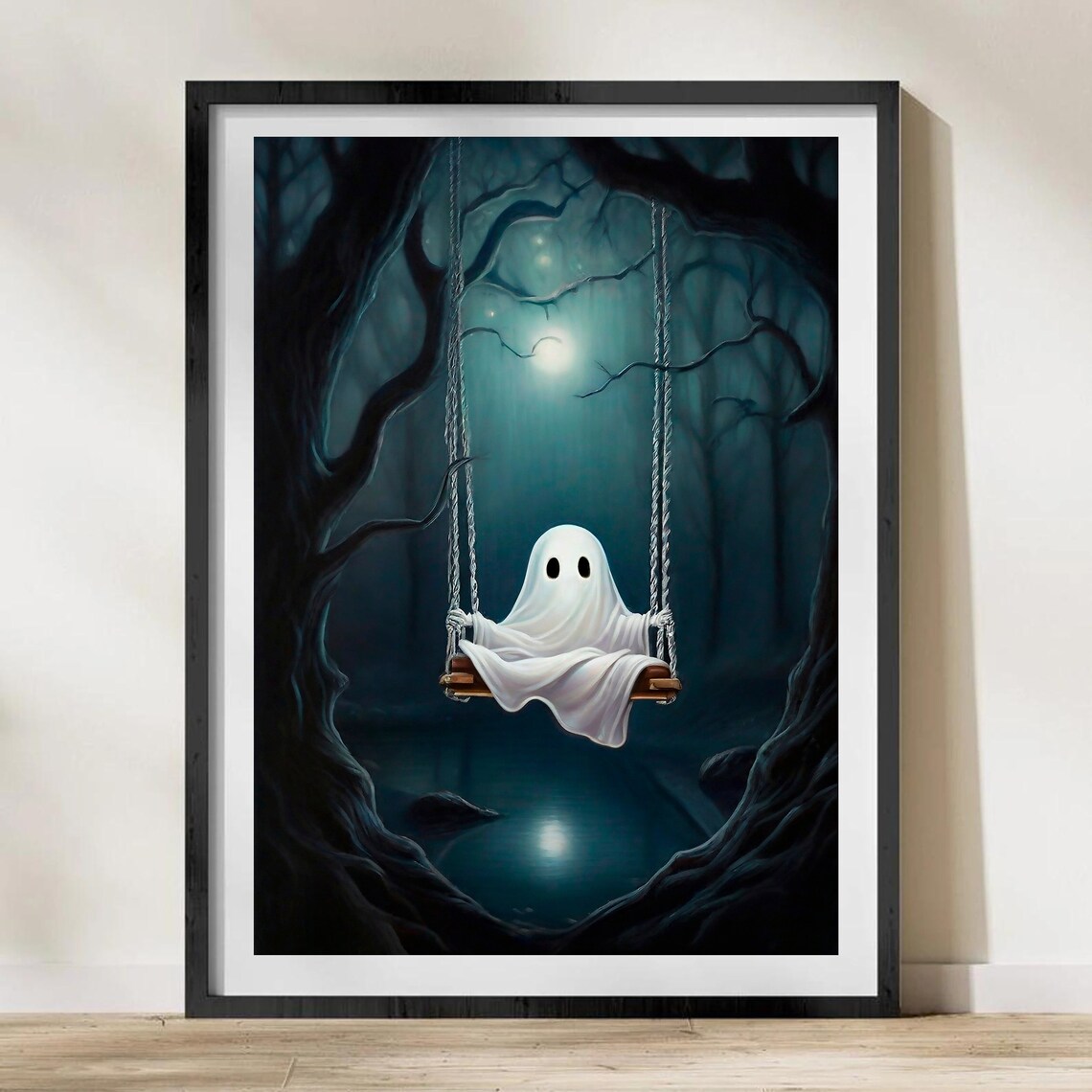 Ghost On Swing Wall Art Spooky Dark Halloween Wall Decor Cute Ghost Painting Moody Decor Moody Forest Print - Image 4