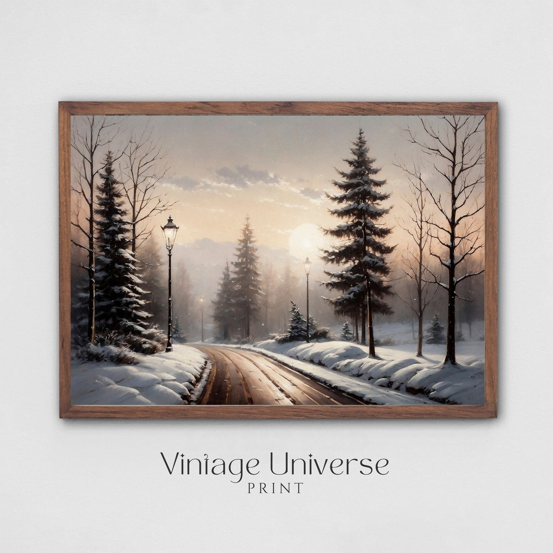 Snowy Forest Road with Pine Trees and Lamplights at Dusk Winter Poster - Image 4