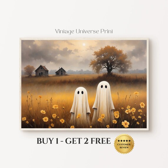 Cute Ghosts In The Meadow Flowers Landscape Vintage Painting Moody Landscape Print Ghost In Field Print Spooky Halloween Wall Art