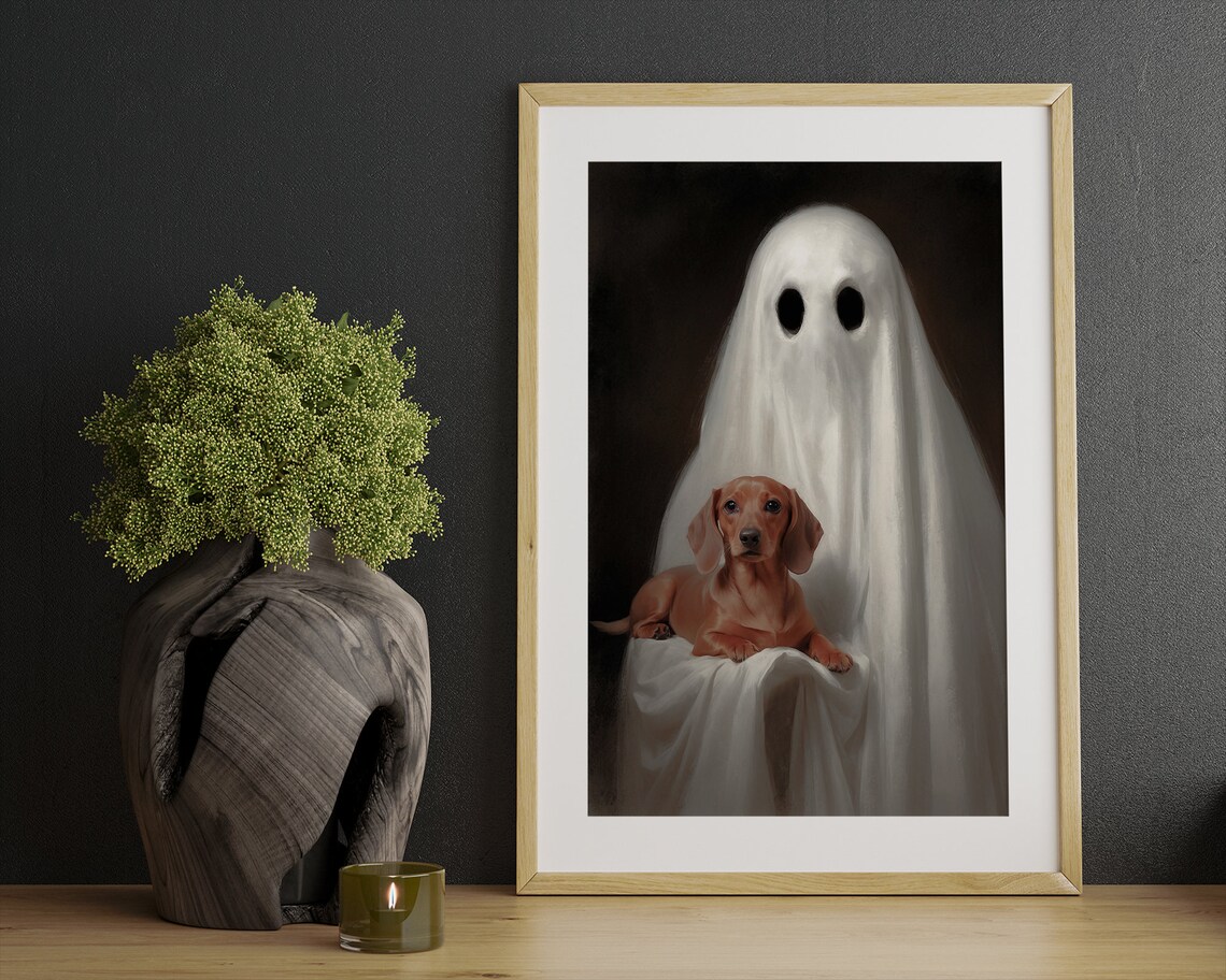 Cute Ghost Holding Dachshund Dark Romantic Halloween Portrait Painting Poster - Image 3