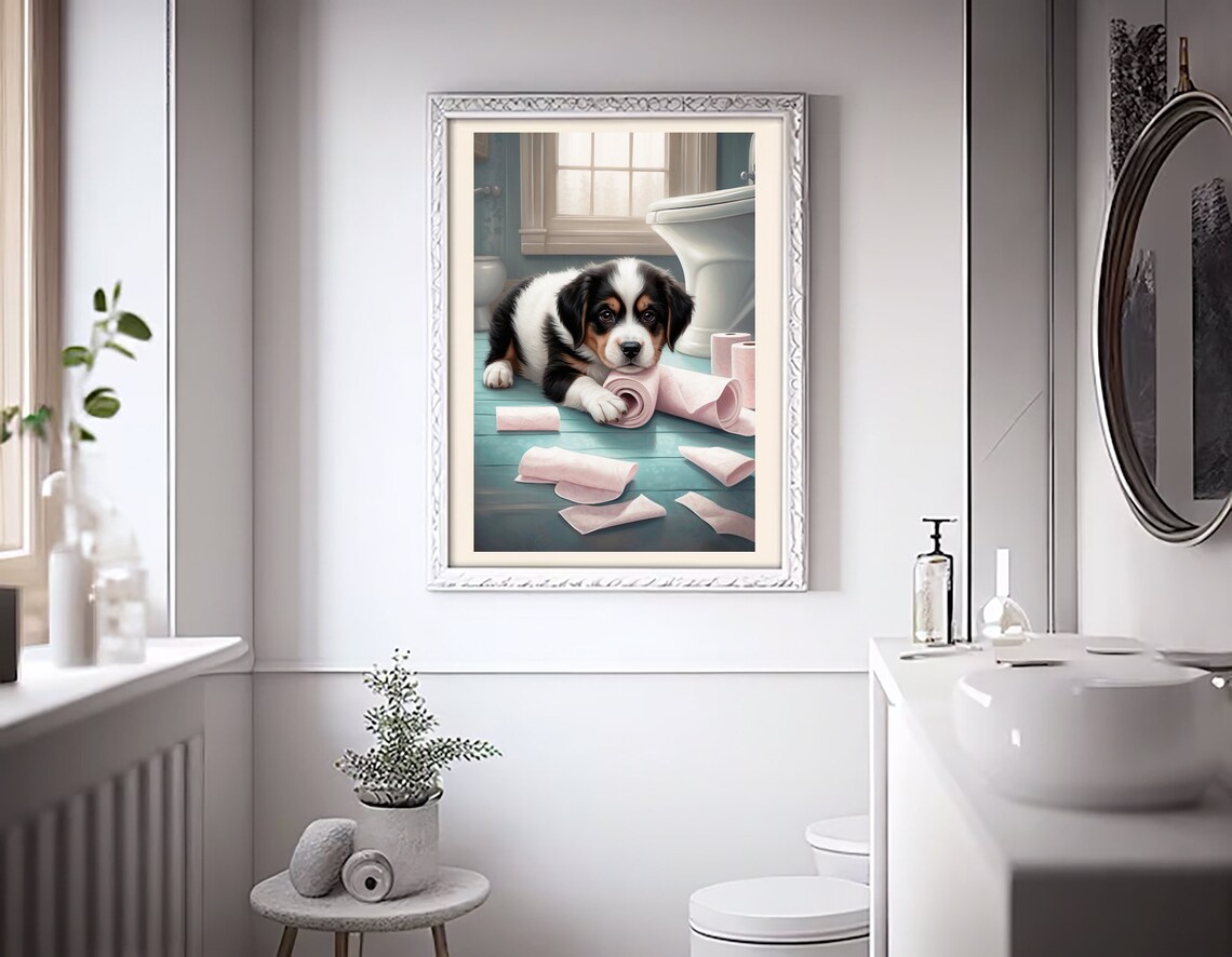 Tricolor Puppy With Pink Toilet Paper Rolls Funny Bathroom Poster - Image 4