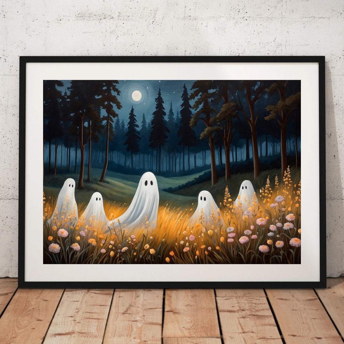 Five Ghosts In A Moonlit Meadow Among Wildflowers Night Poster - Image 5