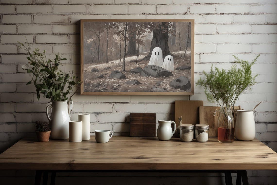 Cute Ghosts In Autumn Forest Rocks Moody Spooky Halloween Poster - Image 4