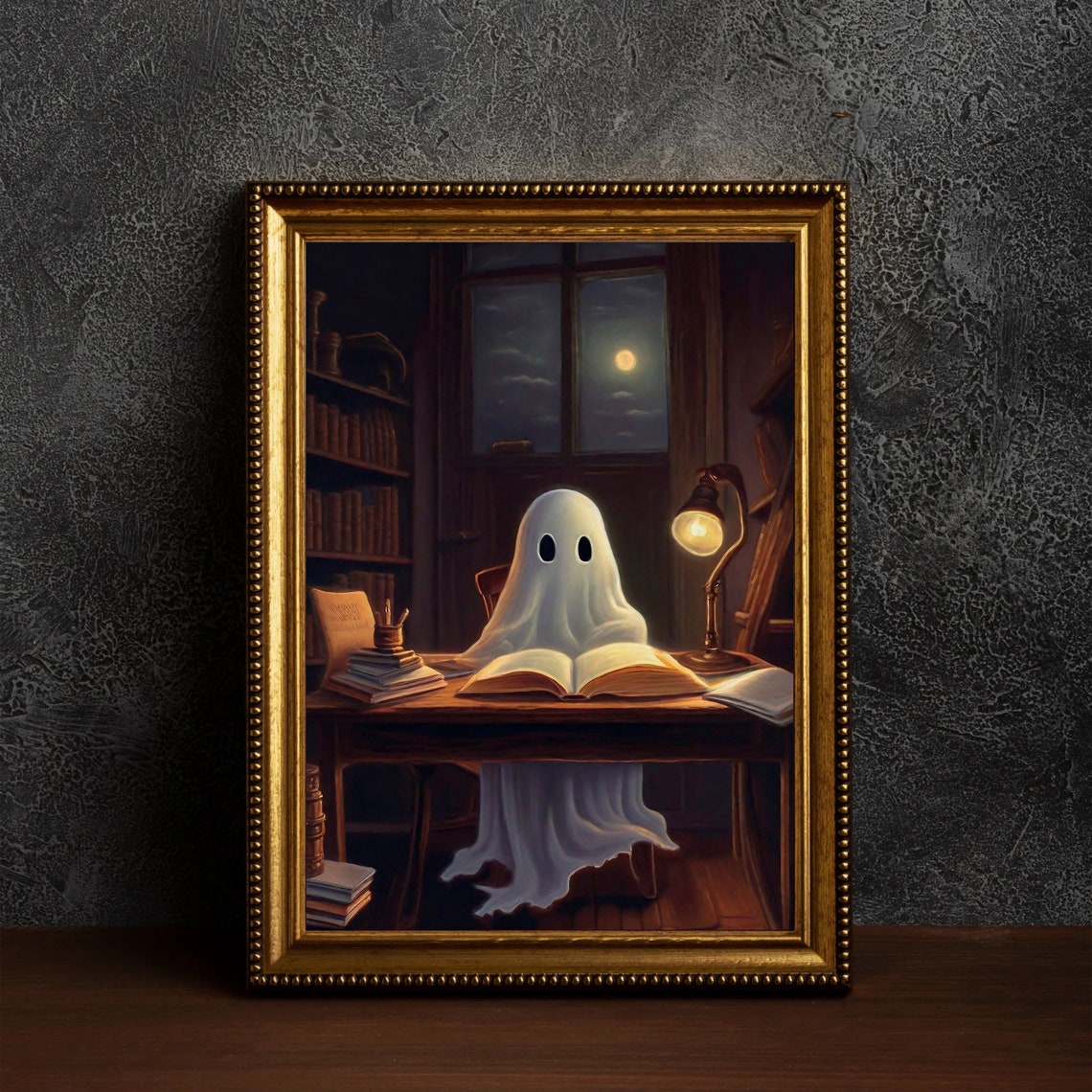 Ghost Reading Book Cozy Desk Lamp Dark Library Night Owl Poster - Image 4