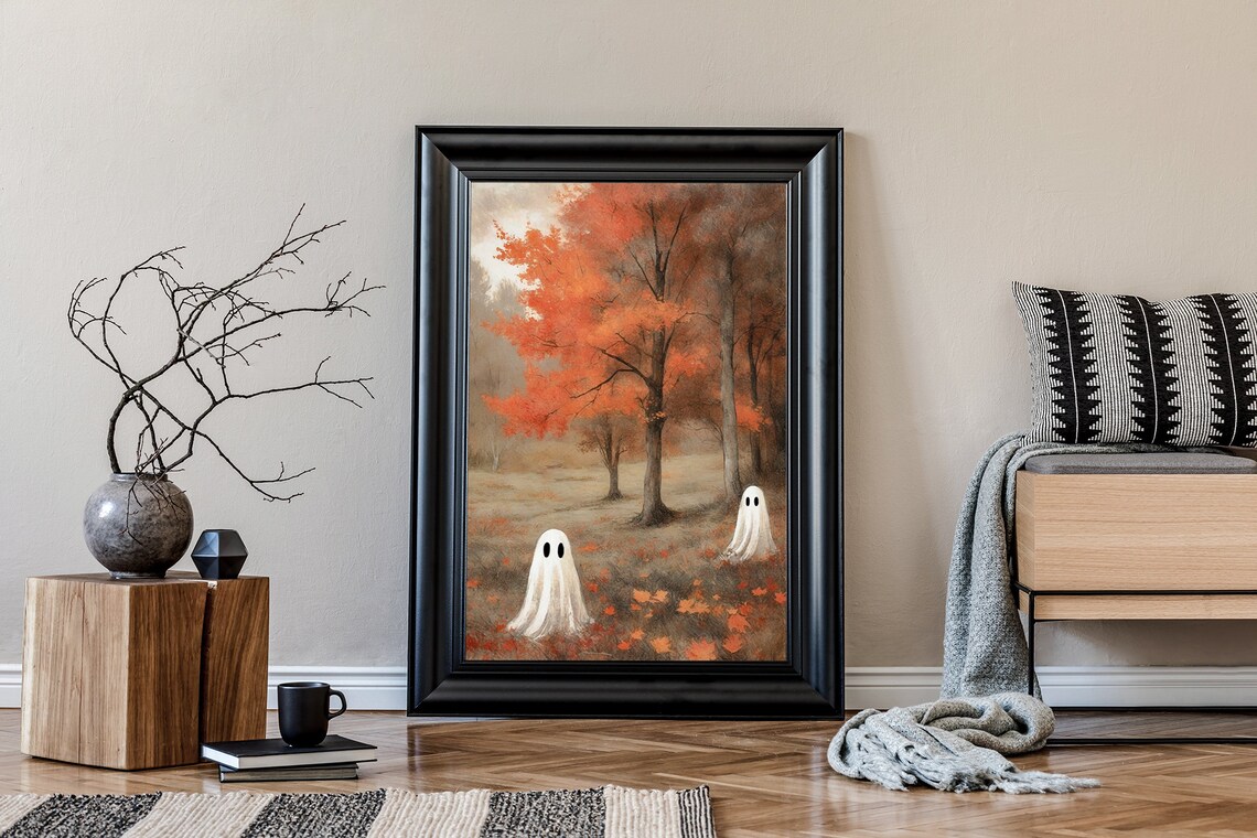 Two Ghosts In A Misty Orange Autumn Forest With Fallen Leaves Vintage Art Print - Image 2