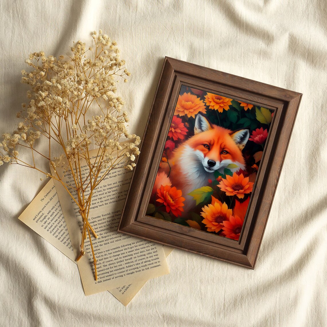 Red Fox Among Autumn Flowers Vintage Oil Painting Animal Wall Art - Image 2