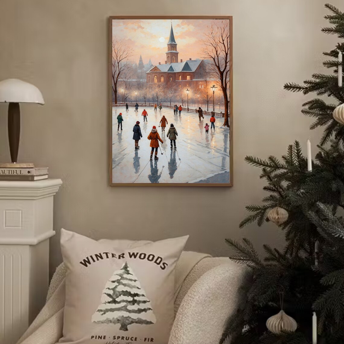 Ice Skaters on Frozen Pond Before Church Winter Vintage Poster - Image 2