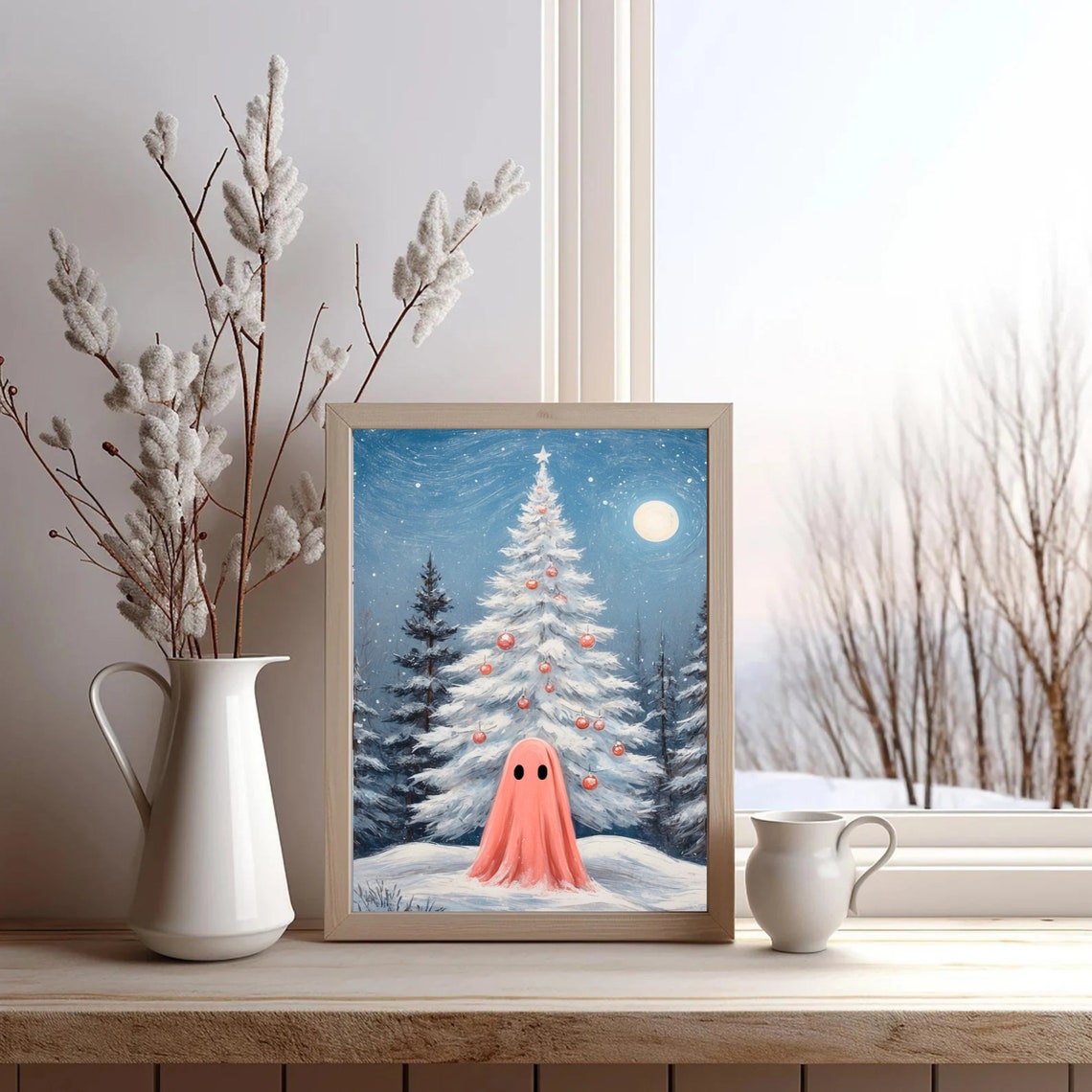 Pink Ghost Before White Christmas Tree with Red Ornaments Print - Image 2