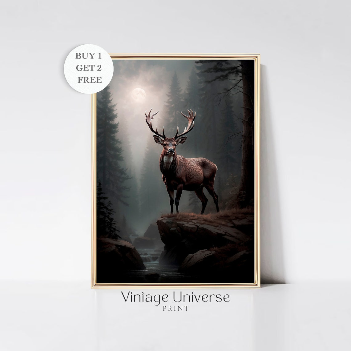 Majestic Stag on a Cliff in a Misty Moonlit Pine Forest Wall Art