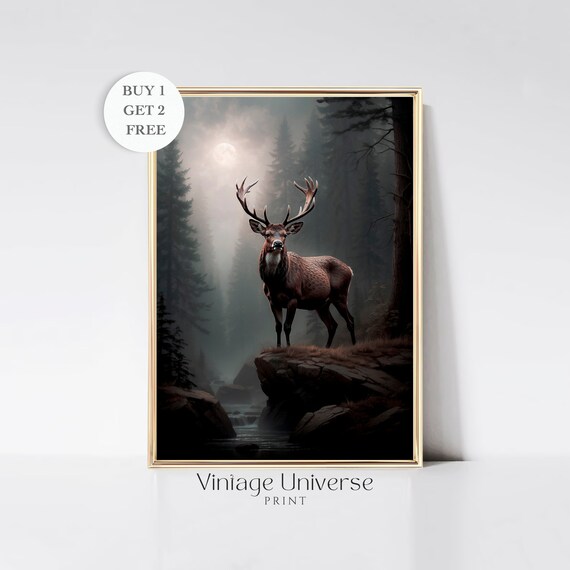 Majestic Stag on a Cliff in a Misty Moonlit Pine Forest Wall Art