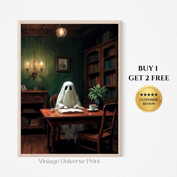 Ghost Reading A Book At A Desk In A Candlelit Vintage Library Painting Poster