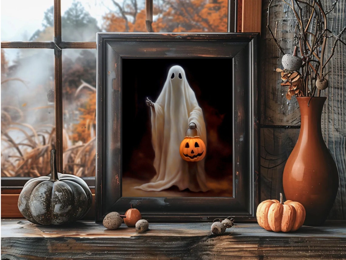 Cute Ghost Holding Jack O Lantern Bucket Halloween Night Poster - Image 3
