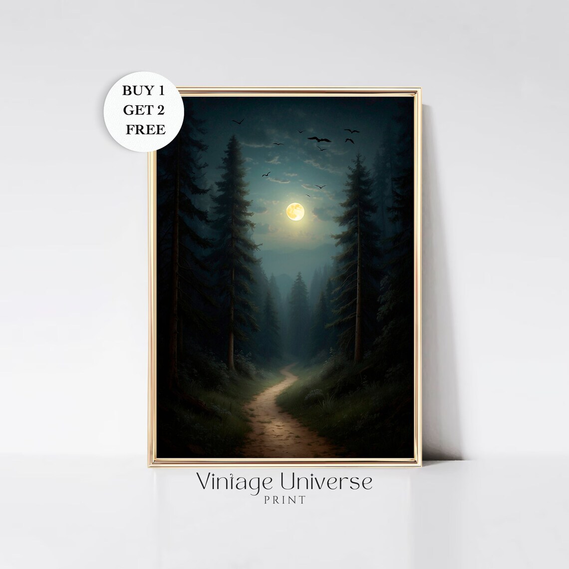 Moonlit Forest Path Between Tall Pines with Flying Birds Night Art Print