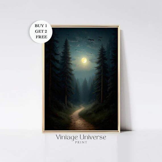 Moon And Stars Night In The Forest Print Dark Academia Wall Art Gothic Witchy Aesthetic Woods Wall Decor Moody Cottagecore Print