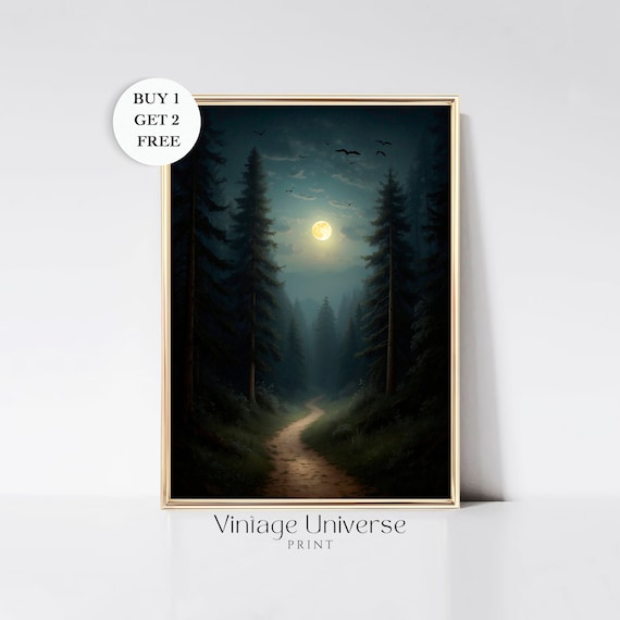 Moonlit Forest Path Between Tall Pines with Flying Birds Night Art Print