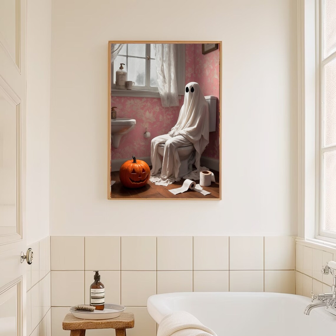Ghost Sitting On A Toilet In A Pink Floral Bathroom Funny Halloween Art Print - Image 3