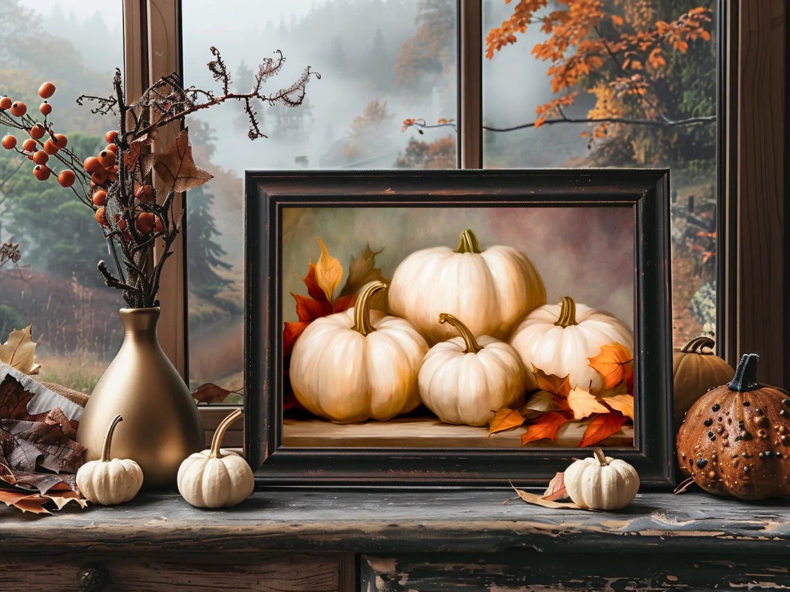 Four White Pumpkins Autumn Leaves Rustic Fall Table Still Life Print - Image 4