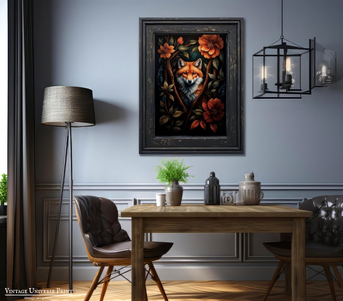 Fox Among Orange Blooms Dark Botanical Vintage Oil Painting Poster - Image 2