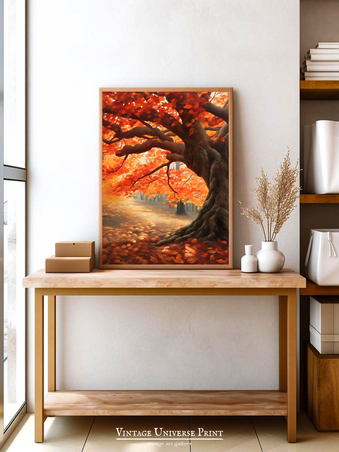 Giant Old Tree With Red Autumn Leaves In Golden Light Wall Art - Image 5