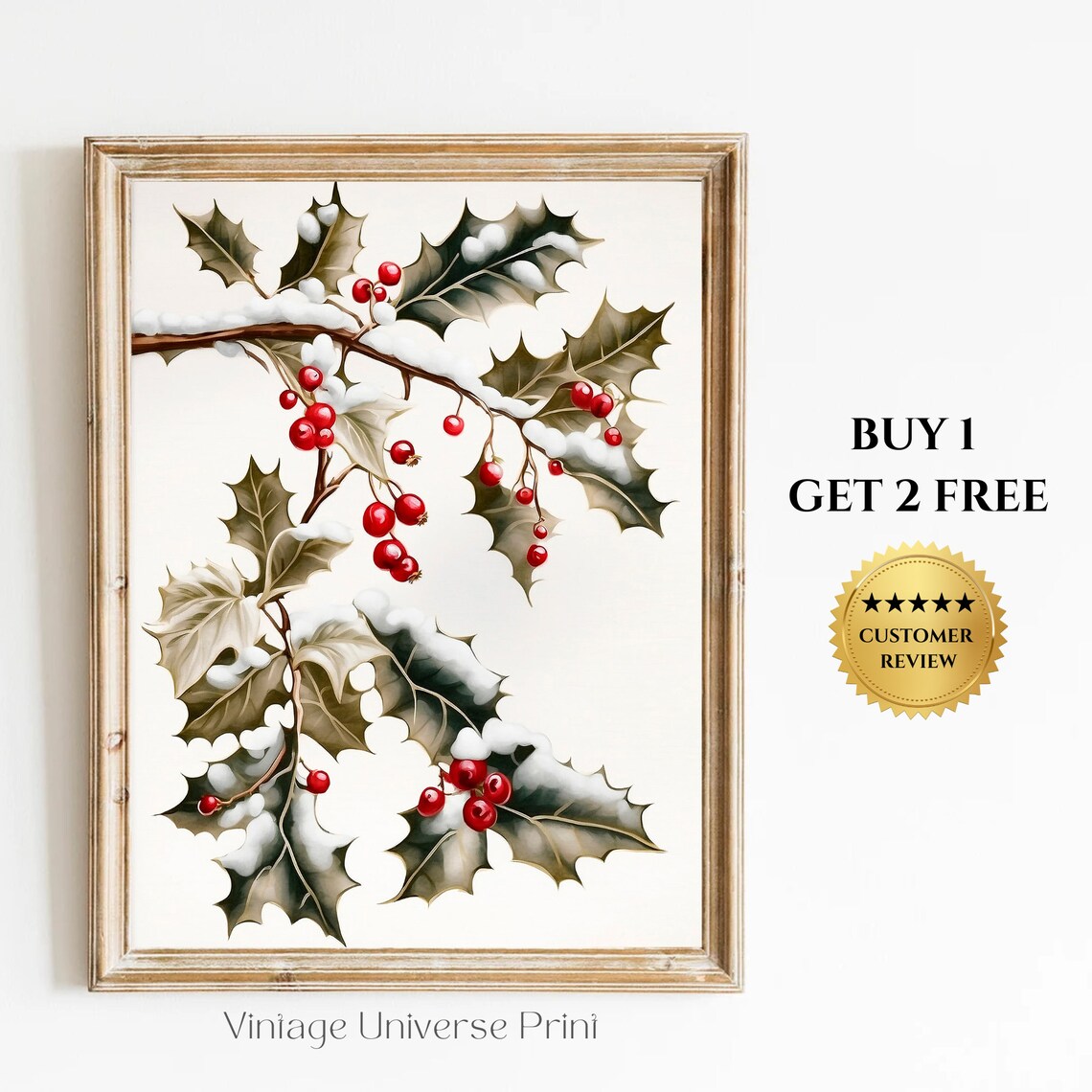 Snowy Holly Branch with Red Berries Vintage Christmas Poster