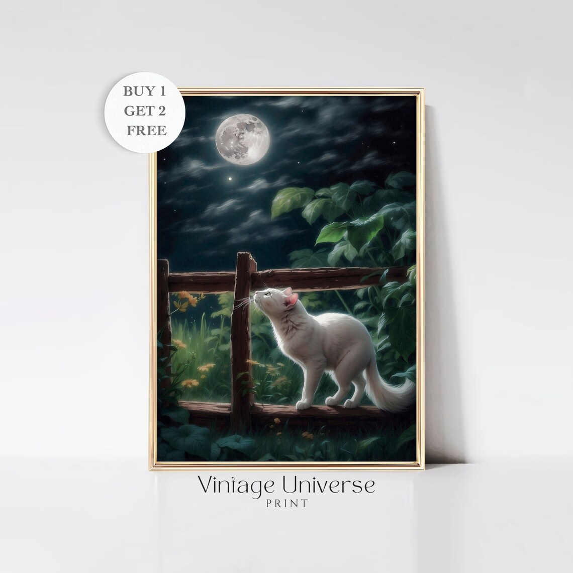 White Cat on a Garden Fence Gazing at the Full Moon at Night Poster