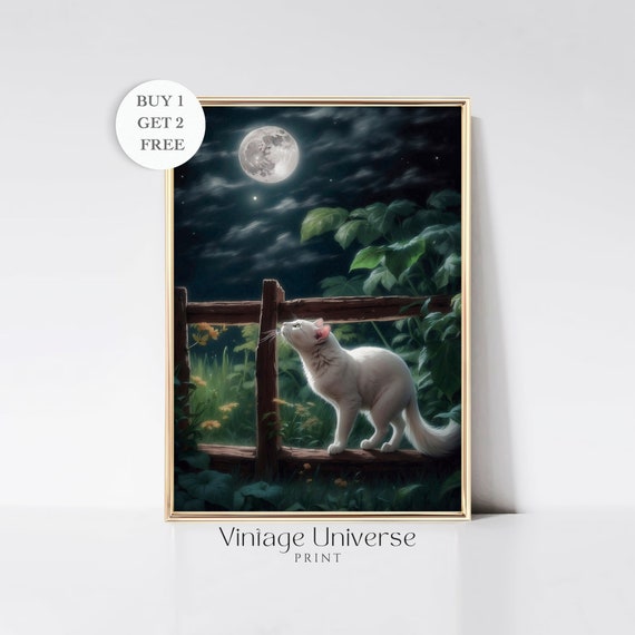 Cat At Night Dark Academia Prints Goth Cottagecore Gothic Home Decor Witchy Wall Art Library Decor Moody Wall Art Dark Green Art