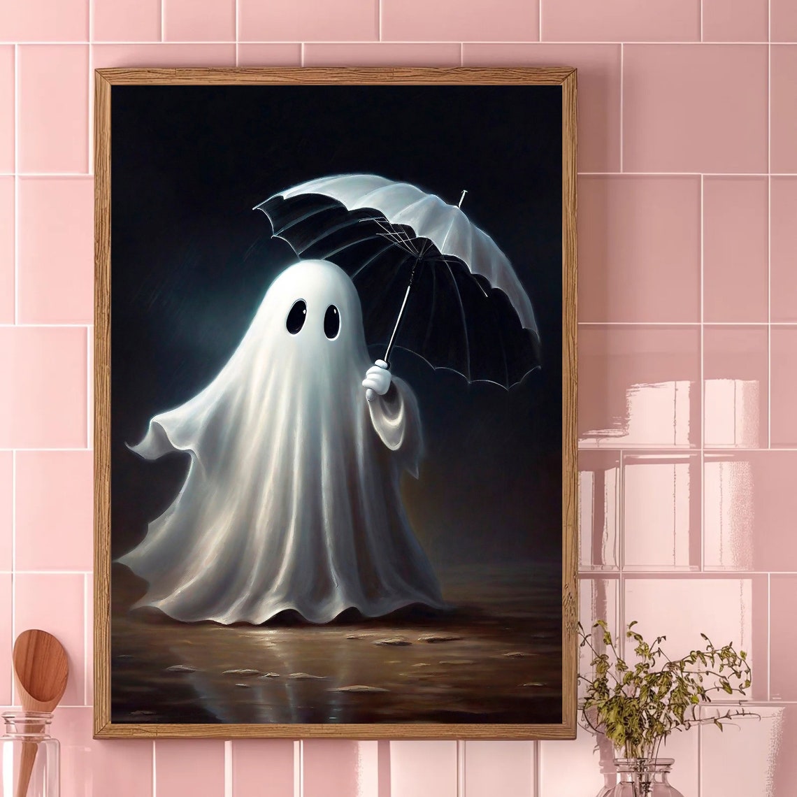 Cute Ghost Holding An Umbrella In The Rain At Night Spooky Poster - Image 4