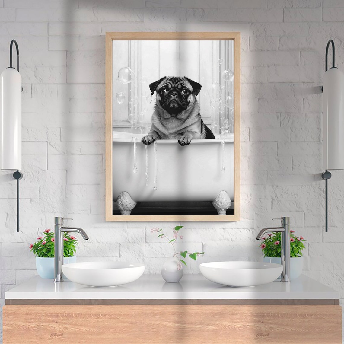 Cute Pug Dog Soaking In Bubble Bathtub Black And White Poster - Image 2