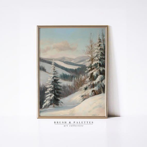 Snowy Pine Forest Mountain Scene Winter Landscape Painting Wall Art Rustic Seasonal Decor For Lodge Or Farmhouse Homes