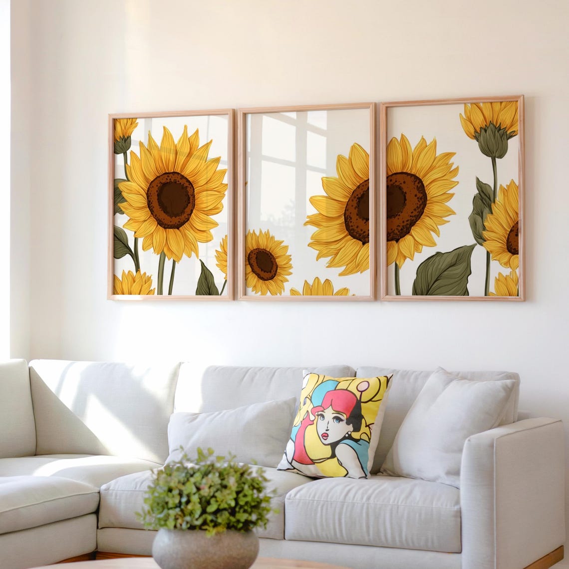 Sunflower Triptych Three Panel Set Bold Yellow Botanical Wall Poster