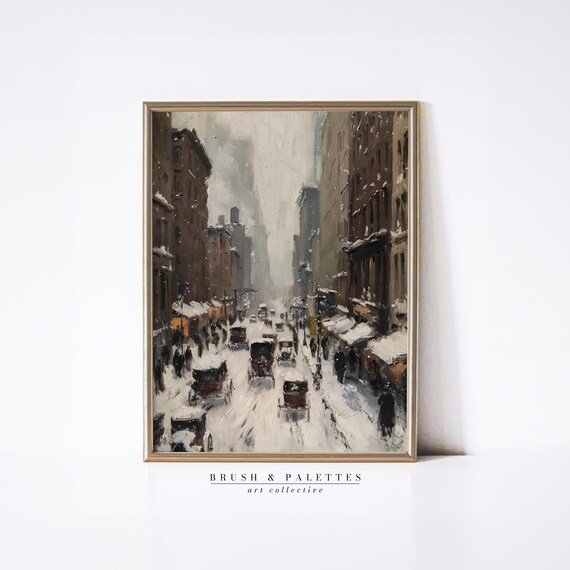 Vintage Snowy City Street Horse Carriages Winter Urban Painting Poster
