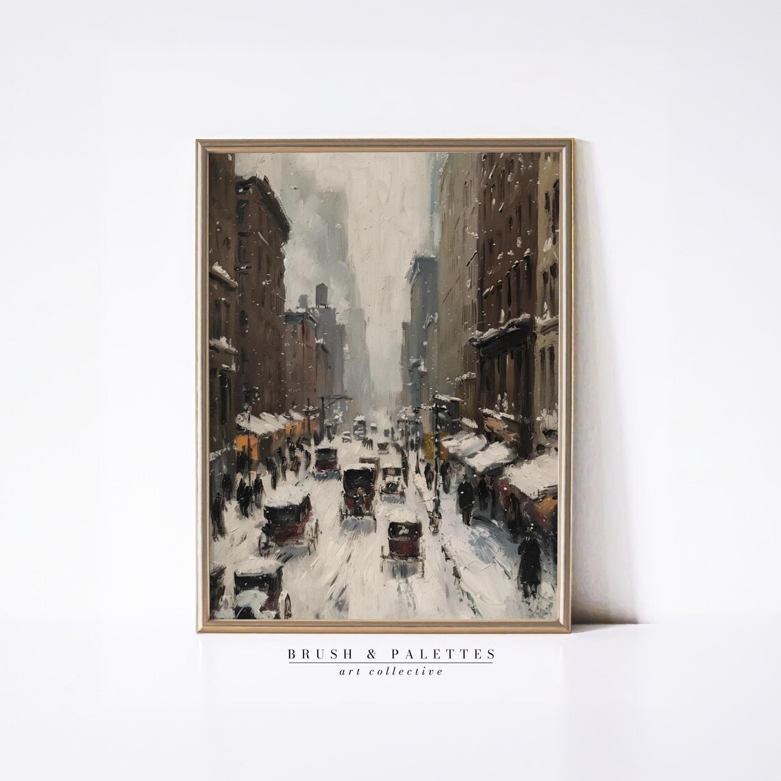 Vintage Snowy City Street Horse Carriages Winter Urban Painting Poster