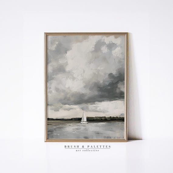 Stormy British Countryside Painting Moody Oil Landscape Wall Art Gray Sky Distant Boat For Rustic Coastal Minimalist Decor
