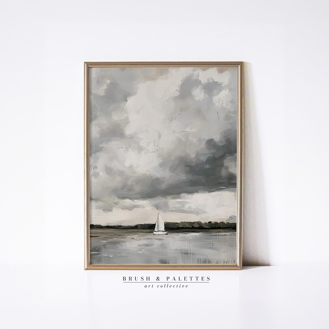 Lone Sailboat Under Stormy Sky Moody Gray Seascape Painting Poster